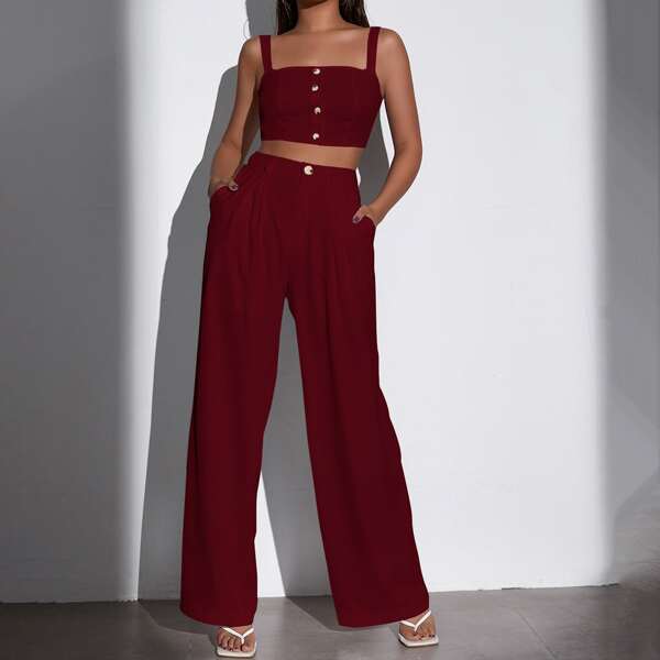 

Single Breasted Crop Cami Top & Wide Leg Pants Set, Burgundy