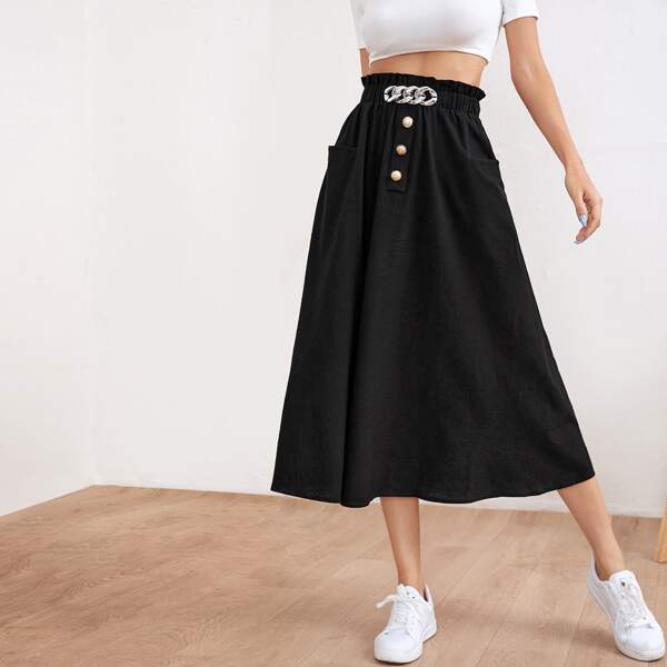 

Chain Waist Patch Pocket Skirt, Black