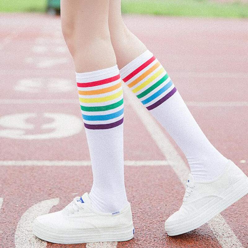 

Rainbow Striped Over The Calf Socks, White