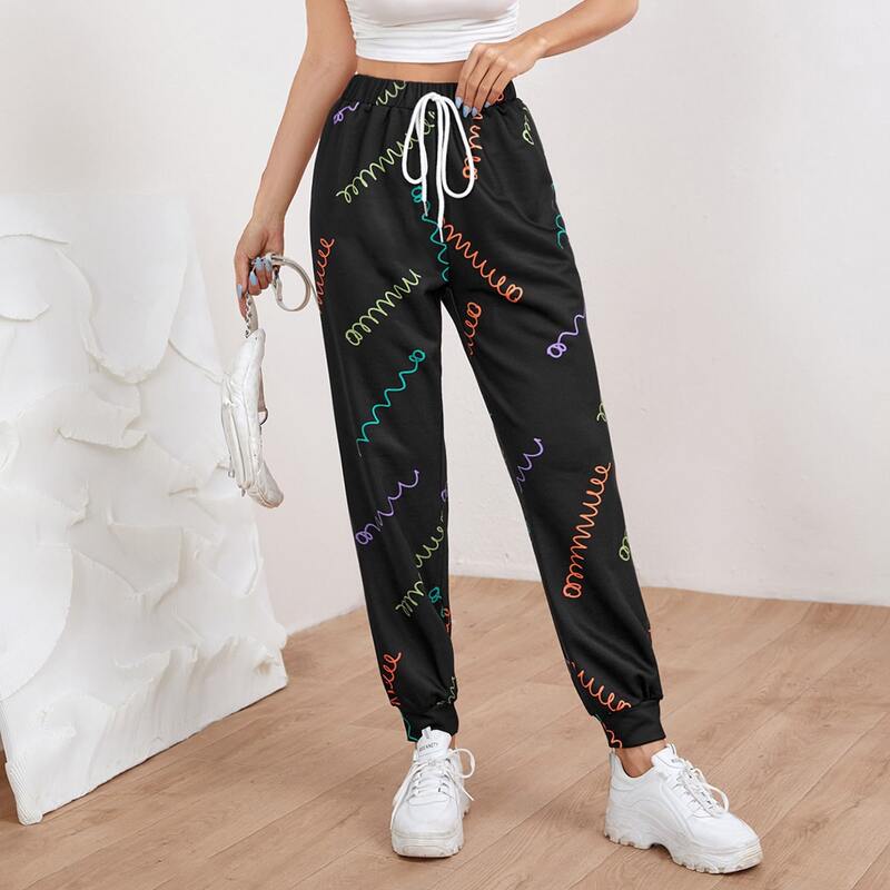 

Knot Waist Allover Print Joggers, Black