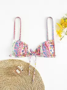 Ditsy Floral Tie Front Bikini Top - Multicolor - View 1