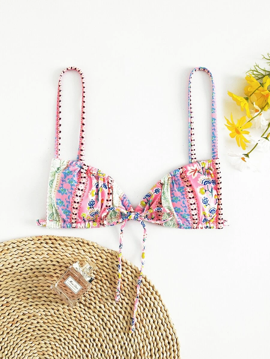 Ditsy Floral Tie Front Bikini Top - Multicolor - View 1