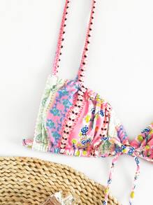 Ditsy Floral Tie Front Bikini Top - Multicolor - View 5