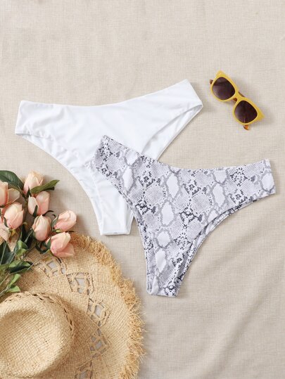 2packs Plus Snakeskin Print Bikini Bottom Panty, For Summer Beach Vacation