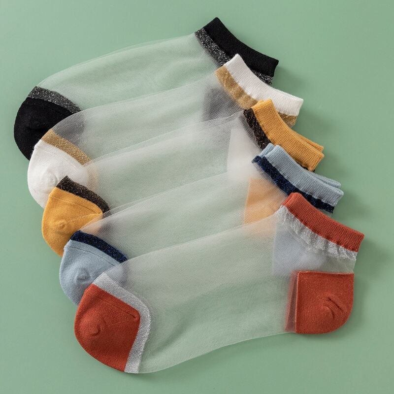

5pair Contrast Mesh Crew Socks, Multicolor