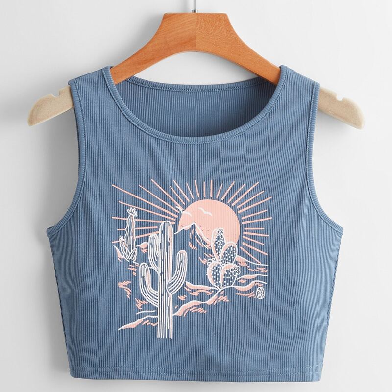 

Scenery Graphic Ribbed Tank Top, Blue