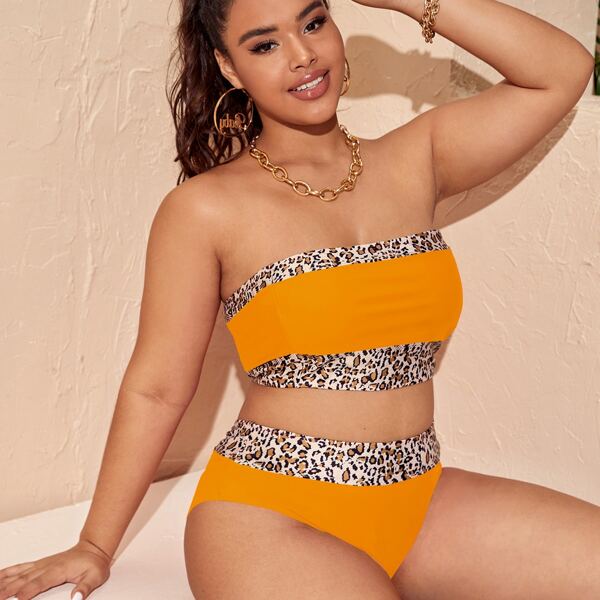

Plus Leopard Trim Bandeau Bikini Swimsuit, Orange