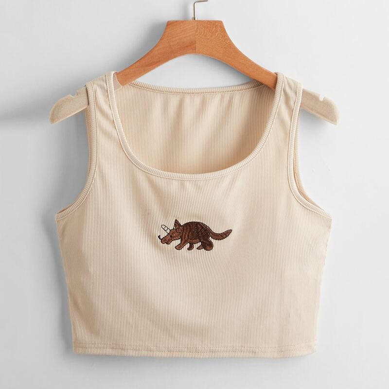 

Dinosaur Embroidery Ribbed Tank Top, Apricot