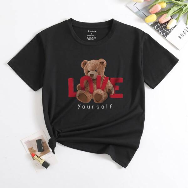 

Bear & Slogan Print Tee, Black
