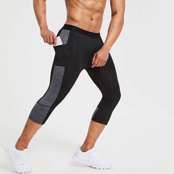 

Men Colorblock Capris Sports Tights With Phone Pocket, Black