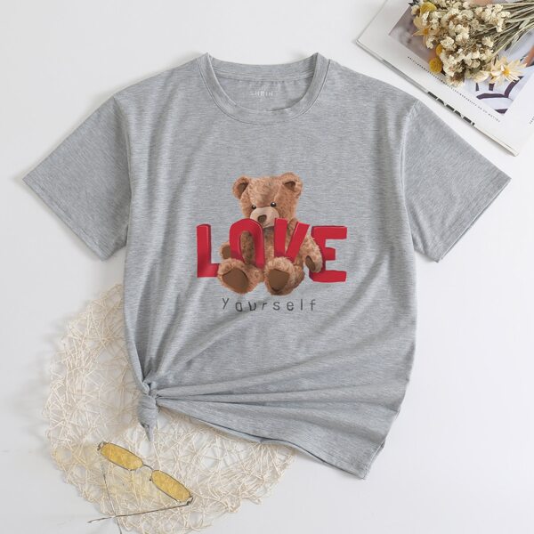 

Bear & Slogan Print Tee, Grey