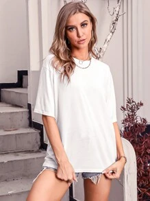 SHEIN EZwear Áo thun màu trơn Giải trí - trắng - Xem 1