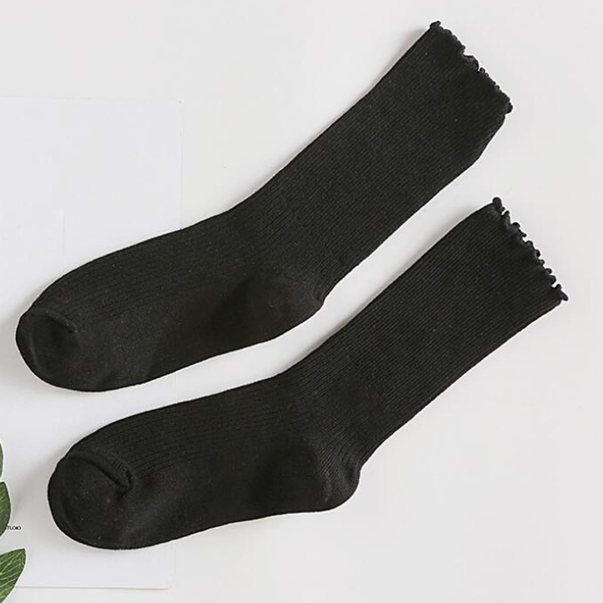 

1pair Solid Lettuce Trim Socks, Black
