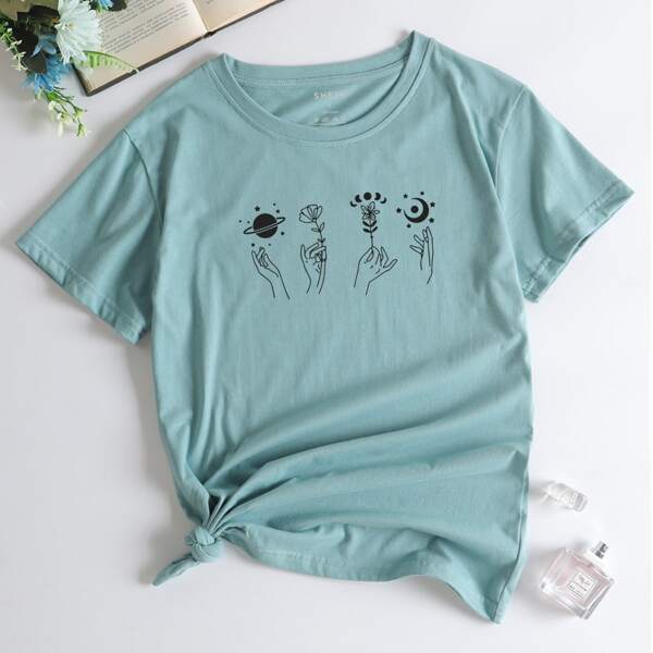 

Hand & Cartoon Print Tee, Cadet blue
