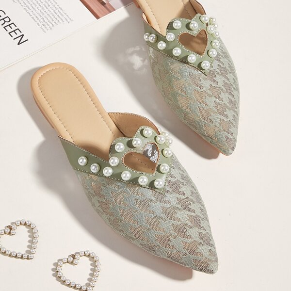 

Houndstooth Faux Pearl Decor Flat Mules, Green