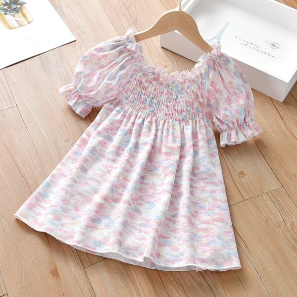 

Toddler Girls Allover Print Shirred Puff Sleeve Dress, Multicolor