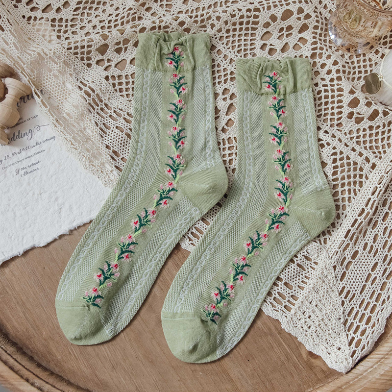 

1pair Floral Pattern Crew Socks, Green