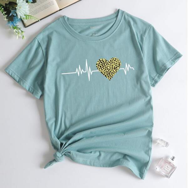 

Leopard & Heart Print Tee, Cadet blue