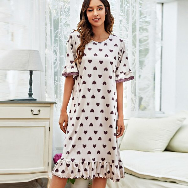 

Heart Print Ruffle Hem Night Dress, Apricot