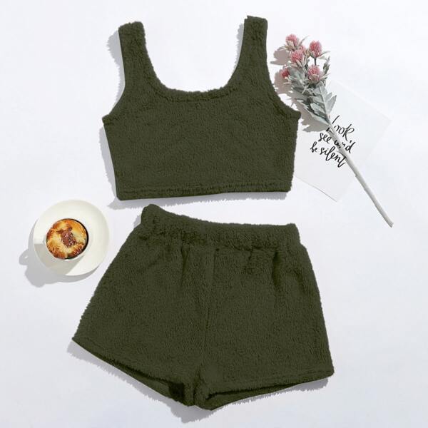 

Solid Crop Flannel Tank Top With Shorts Lounge Set, Army green