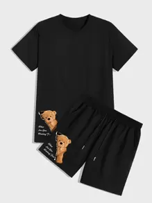 ROMWE MEN Prep Men Slogan Cartoon Bear Graphic Tee & Drawstring Shorts - Black - View 1
