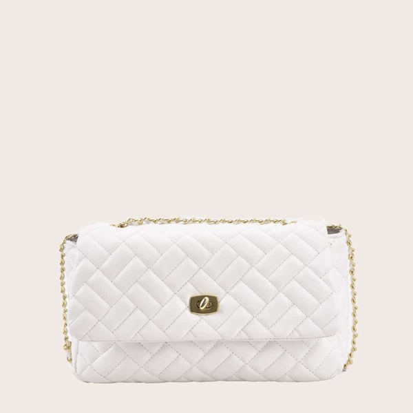 

Twist Lock Quilted Chain Shoulder Bag, White