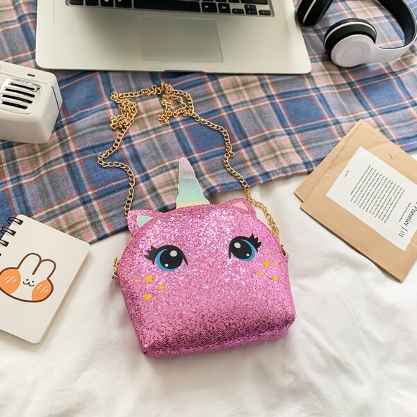 

Girls Glitter Cartoon Design Chain Bag, Pink