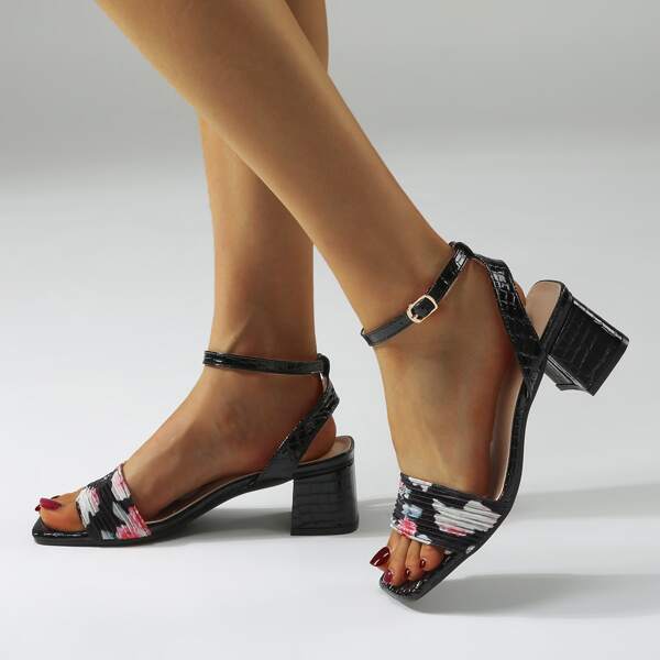 

Floral Pleated Band Chunky Heeled Sandals, Black
