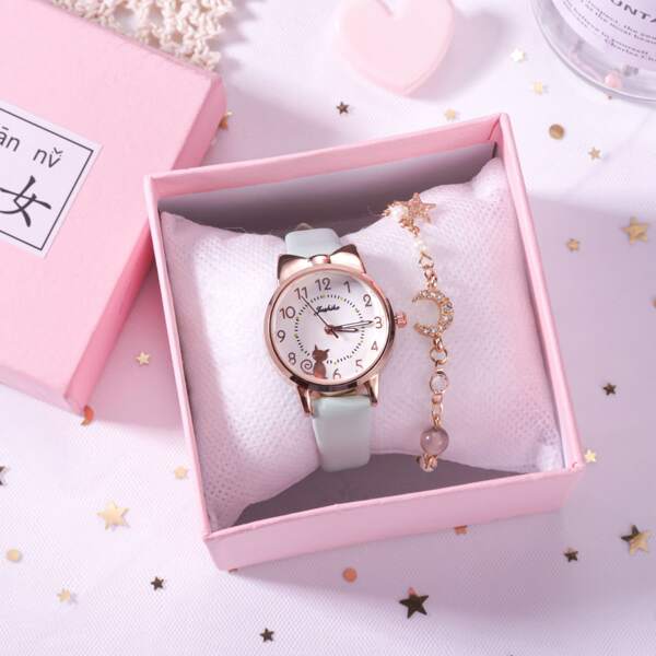 

1pc Cat Pattern Dial Round Pointer Watch & 1pc Bracelet