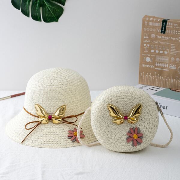 

Girls Applique Straw Circle Bag With Hat, White