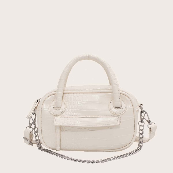 

Croc Embossed Chain Satchel Bag, White