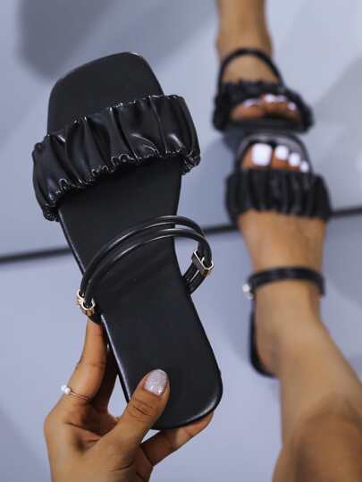 Donne Pantofole piatte a moda all'aperto, sandali a punta aperta artificiale con cinturino multistrato increspato