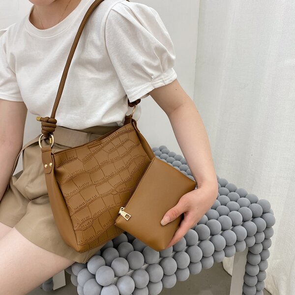 

Croc Embossed Shoulder Bag With Inner Pouch, Brown