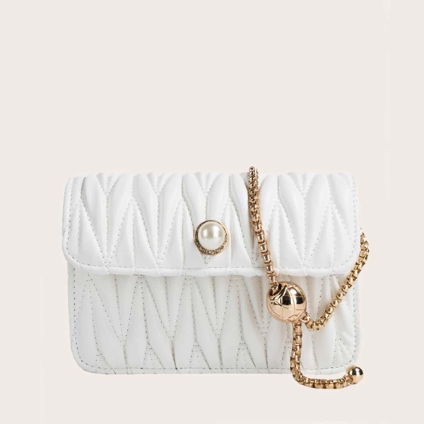 

Faux Pearl Decor Quilted Crossbody Bag, White