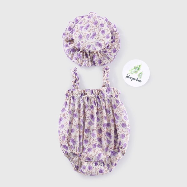 

Baby Girl Floral Print Frill Trim Bodysuit With Hat, Multicolor