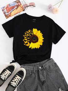 Camiseta con estampado de girasol y mariposa