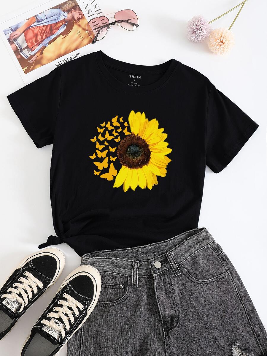 Camiseta con estampado de girasol y mariposa