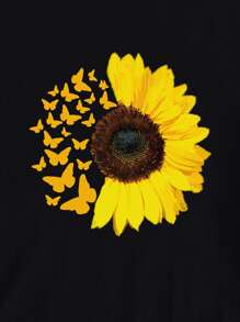Camiseta con estampado de girasol y mariposa