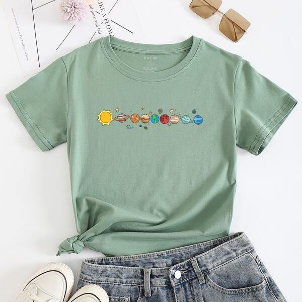 

Cartoon Graphic Round Neck Tee, Mint green