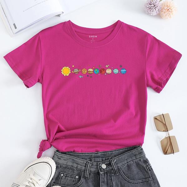 

Cartoon Graphic Round Neck Tee, Red violet