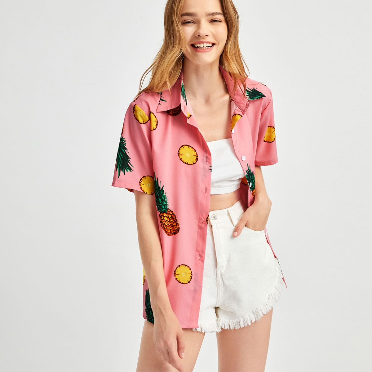 

Pineapple Graphic Button Front Blouse, Dusty pink