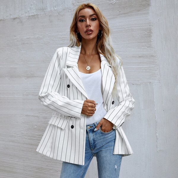 

Striped Double Breasted Blazer, White