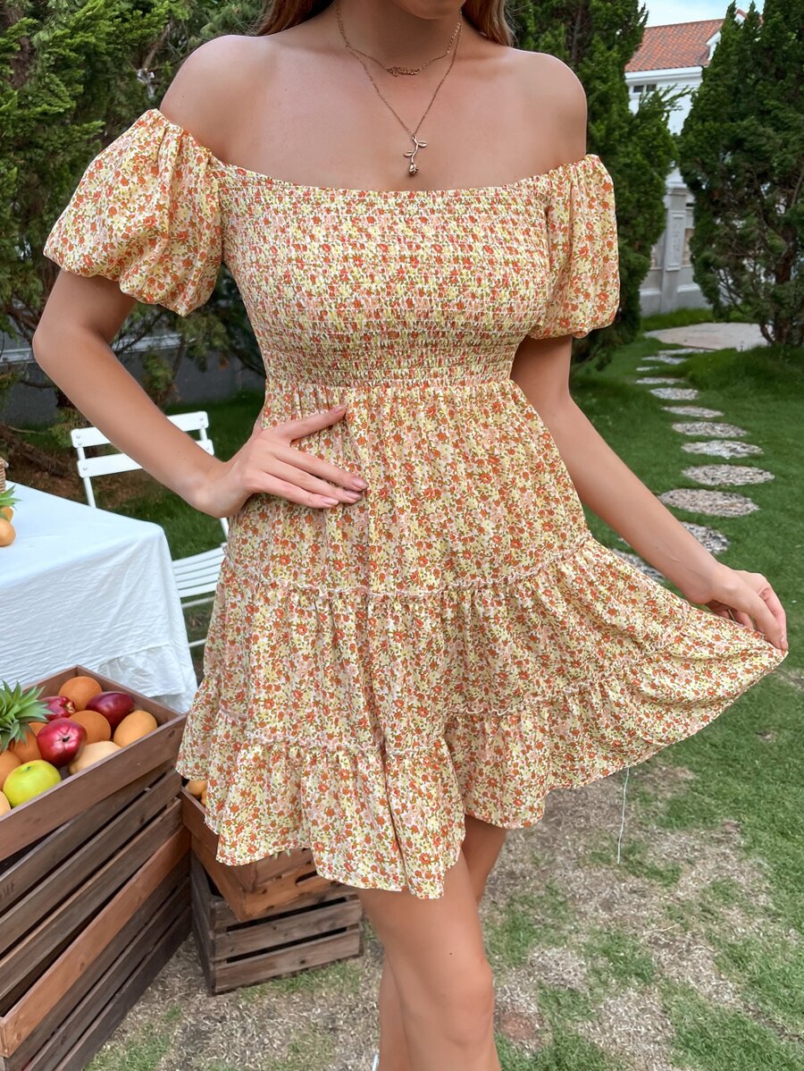 Đầm Lộ Lưng Họa tiết hoa Boho - Màu vàng - Xem 1