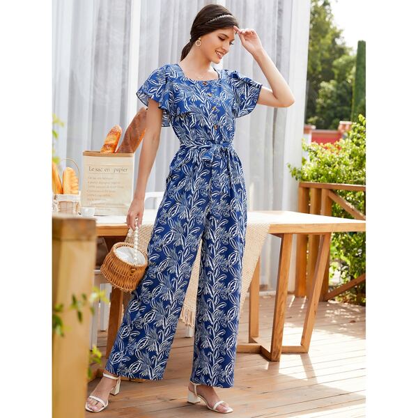 

Allover Leaf Print Butterfly Sleeve Belted Jumpsuit, Navy blue