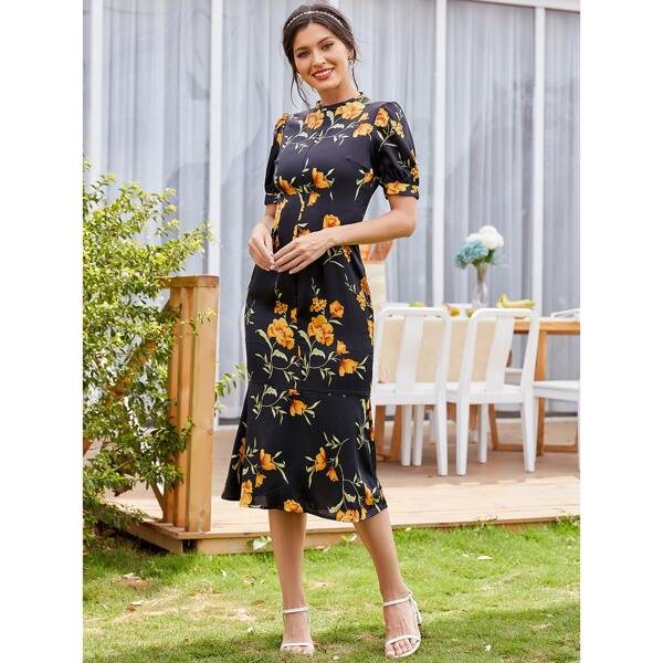 

Floral Print Puff Sleeve Mermaid Hem Dress, Black