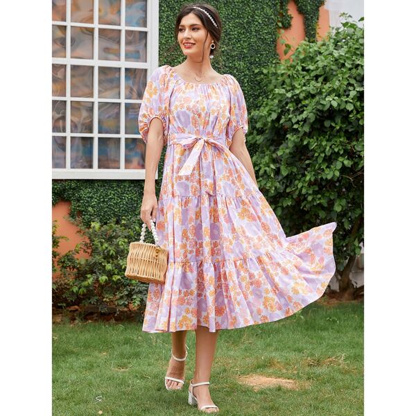 

Allover Floral Print Ruffle Hem Belted Dress, Multicolor
