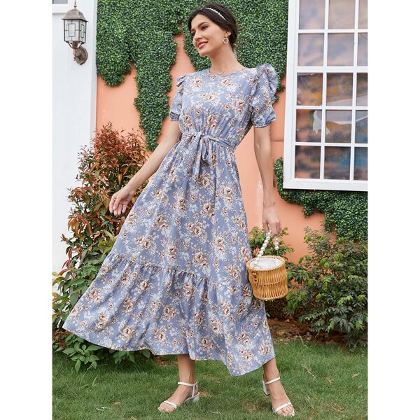 

Ruffle Trim Allover Floral Belted Dress, Multicolor