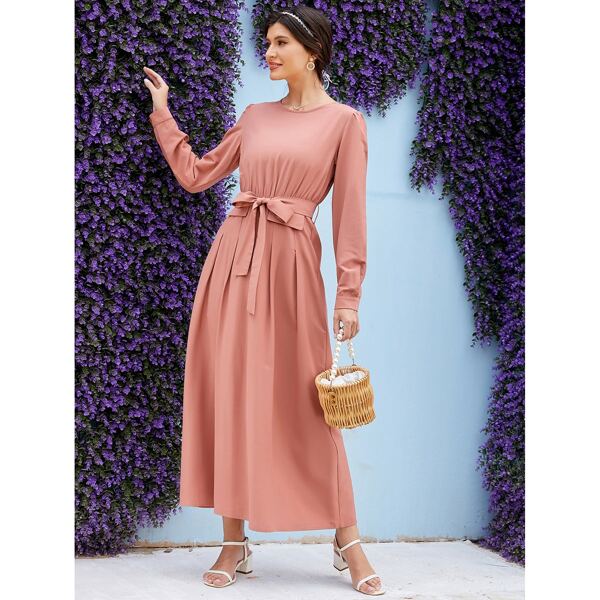 

Solid Zipper Back Belted Dress, Dusty pink