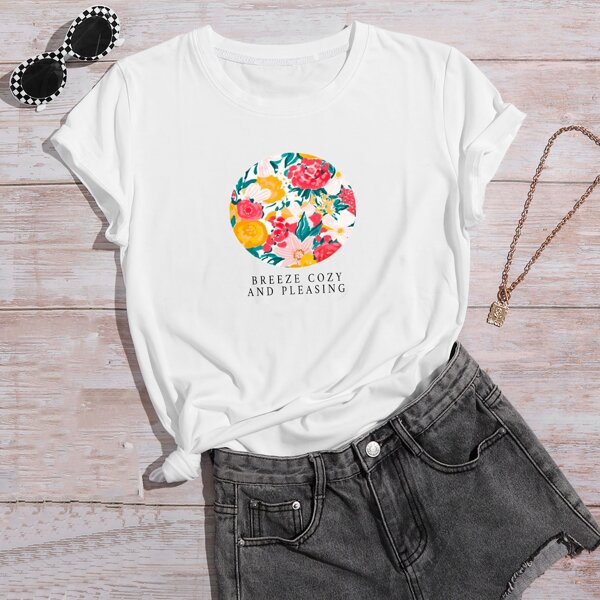 

Floral & Slogan Graphic Tee, White