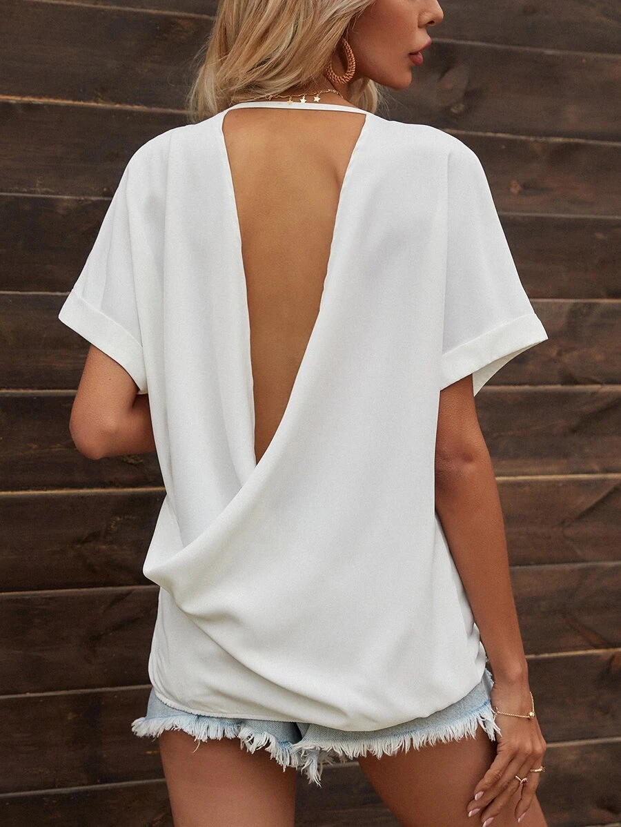 Draped Backless Batwing Sleeve Blouse - White - View 1
